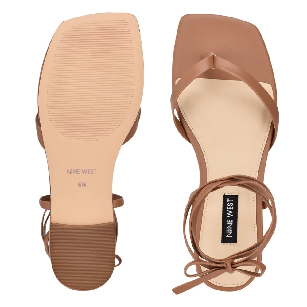 Nine West Women's News Ankle Wrap Thong Sandals Square Open Toe Sz 8 Natural